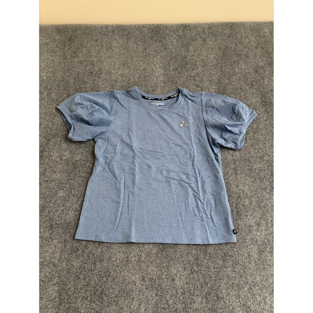 Karl Lagerfeld Paris Womens Blue Puff Sleeve Eiffel Tower Pin Tee Size L